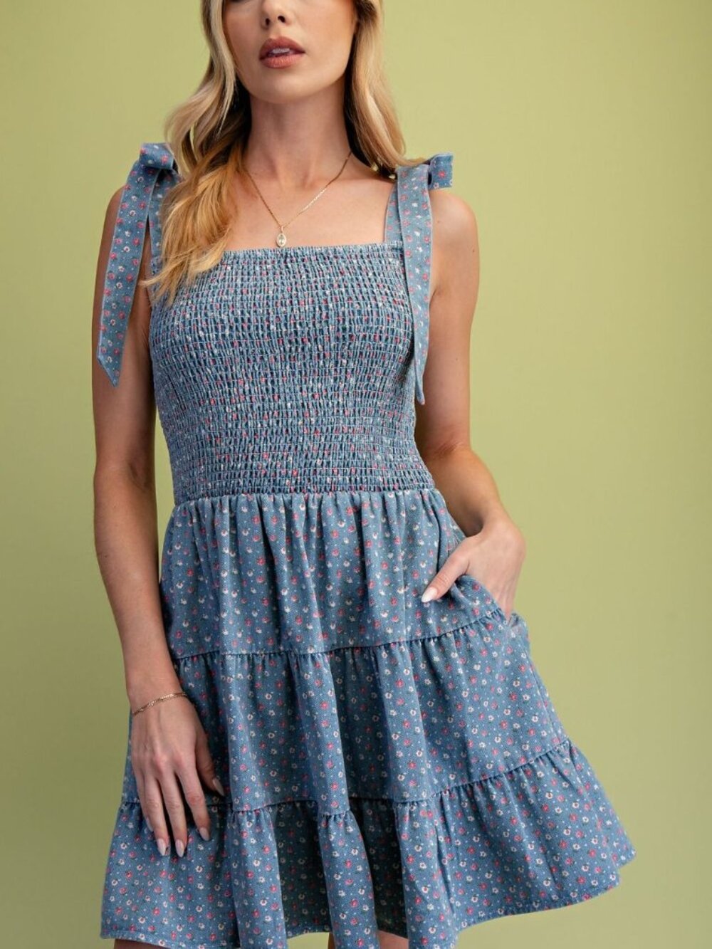 EASEL DITSY PRINTED WASHED DENIM TIERED DRESS 100% COTTON